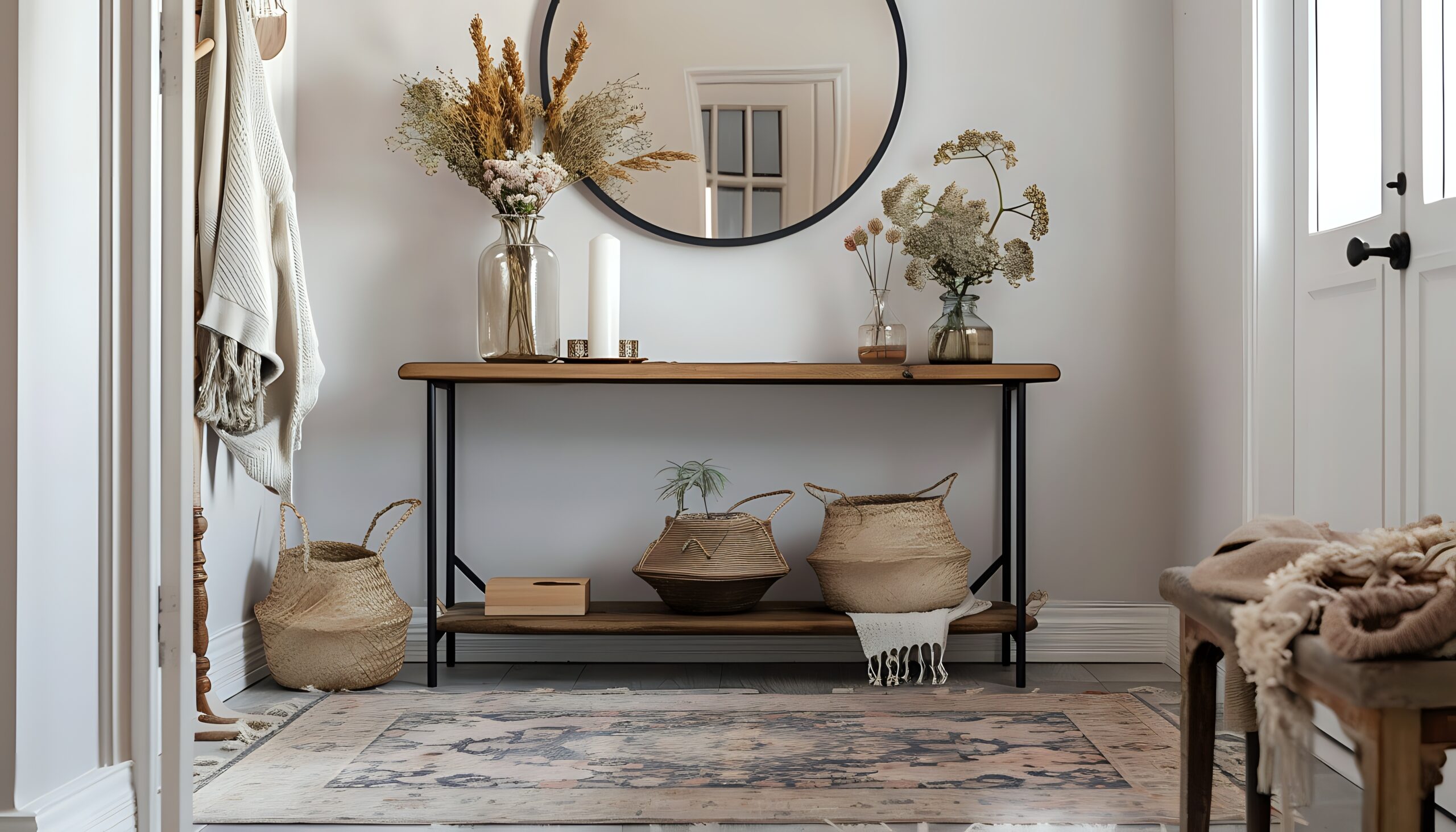 Stylish Entryway Decor with Console Table, Wicker Baskets, and Dried Flowers Creates Welcoming First Impression